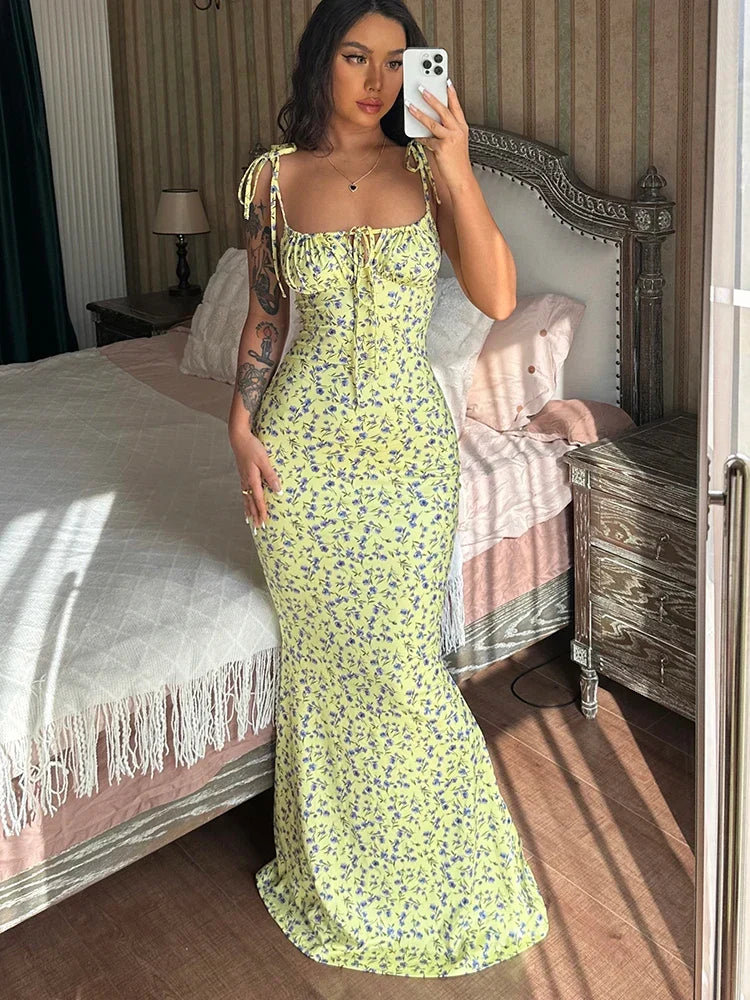 Floral Print Spaghetti Strap Sweetheart Lace Up Backless Maxi Dress