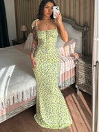 Floral Print Spaghetti Strap Sweetheart Lace Up Backless Maxi Dress