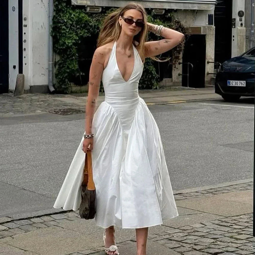 Halter Plunging V-Neck Drop Waist Pleated Fit and Flare Midi Dress