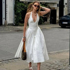 Halter Plunging V-Neck Drop Waist Pleated Fit and Flare Midi Dress