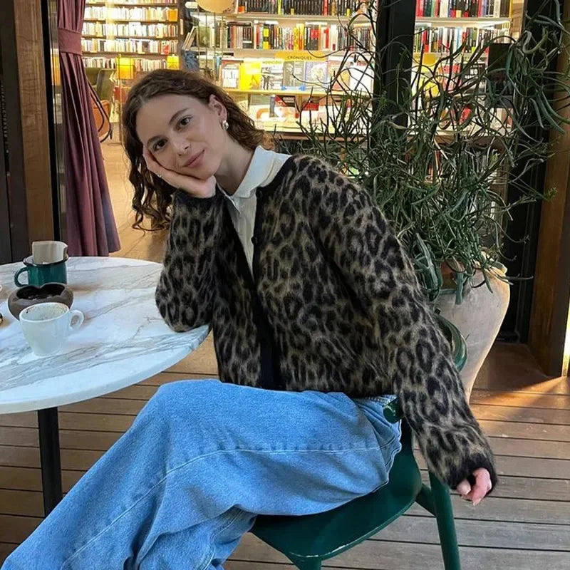 Vintage Leopard Print Knitted Mohair Cardigans Women O Neck Single Breasted Short Sweater Autumn New Lady Casual Streetwear