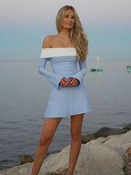 Two-Tone Off Shoulder Fold-Over Band Bell Sleeve Fit and Flare Mini Dress