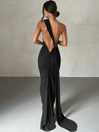 Halter Neck Open Back Draped Sash Ruched Ring Detail Maxi Dress