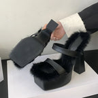 Chunky High Heels Platform Slippers Cozy Short Plush Square Toe Sandals for Summer