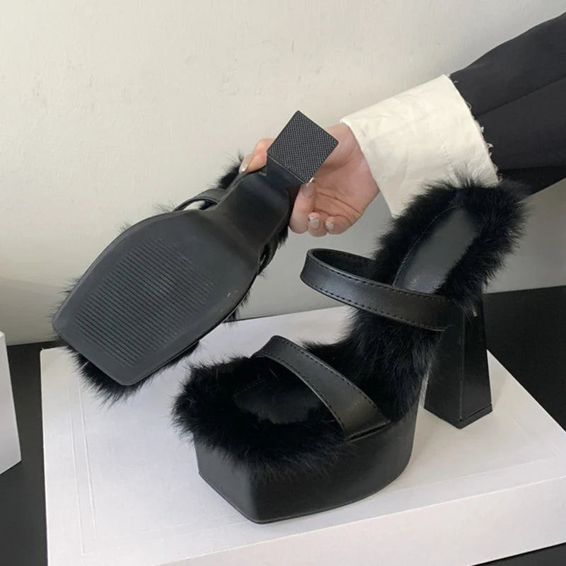 Chunky High Heels Platform Slippers Cozy Short Plush Square Toe Sandals for Summer