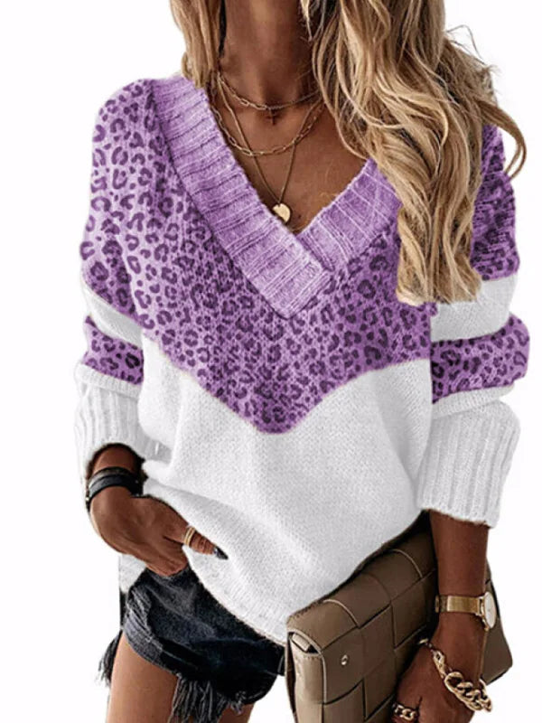 | V-neck sweater in leopard print with color blocks