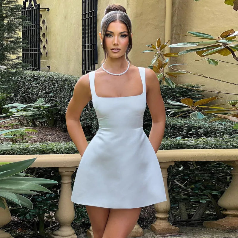 Square Neck Wide Strap Fit and Flare A-Line Mini Dress