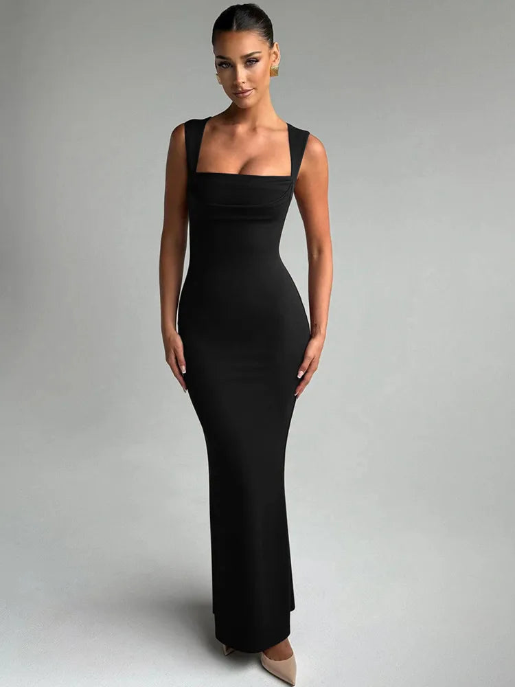 Square Neck Draped Bust Tank Strap Bodycon Maxi Dress