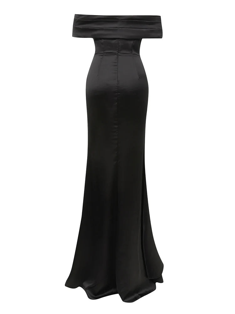 Liora Off Shoulder Satin Gown Dress with Sequin Patchwork