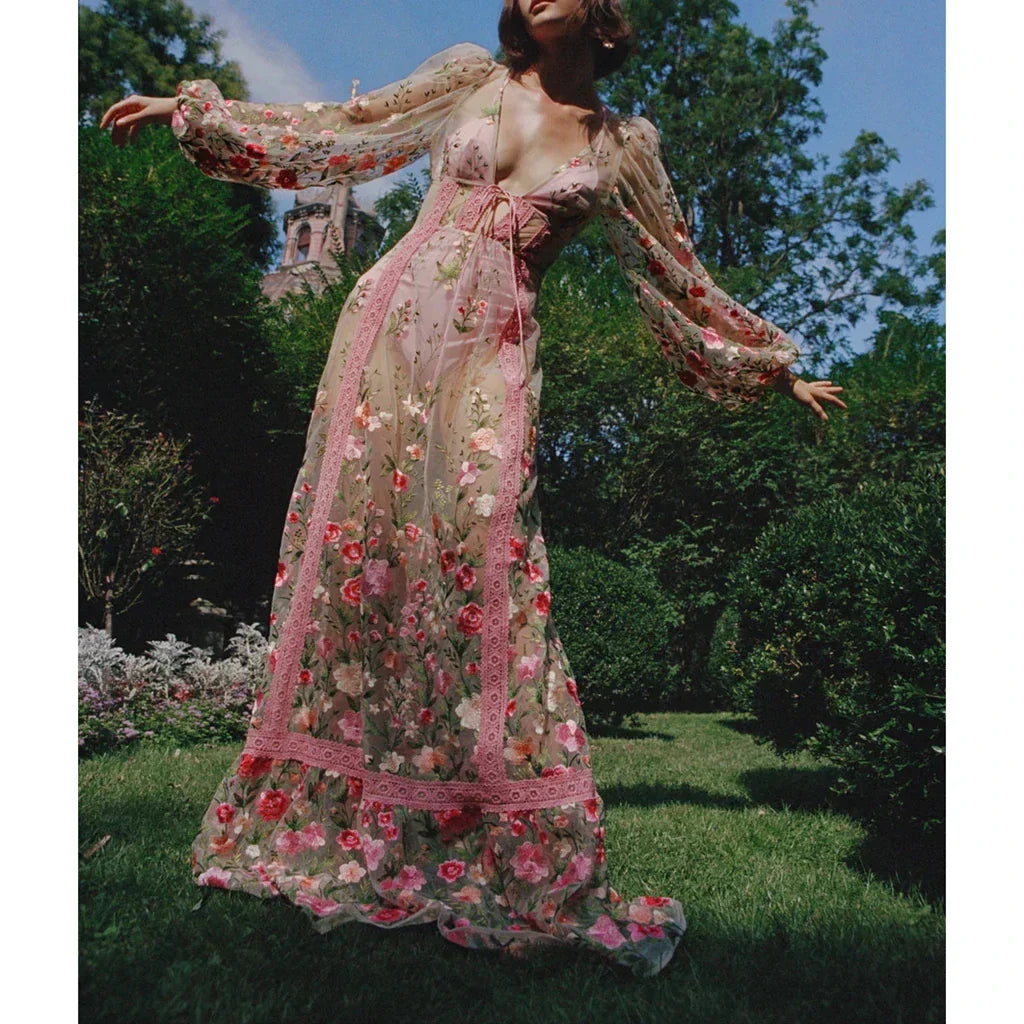 Sheer Floral Embroidered Bishop Sleeve Lace Trim Tiered Maxi Dress