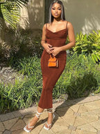 Cowl Neck Spaghetti Strap Ruched Bodycon Maxi Dress