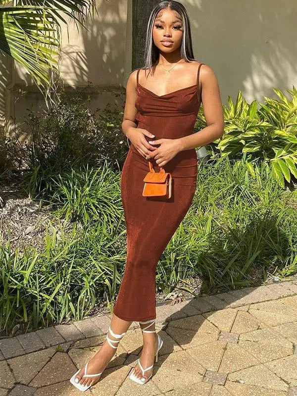 Cowl Neck Spaghetti Strap Ruched Bodycon Maxi Dress