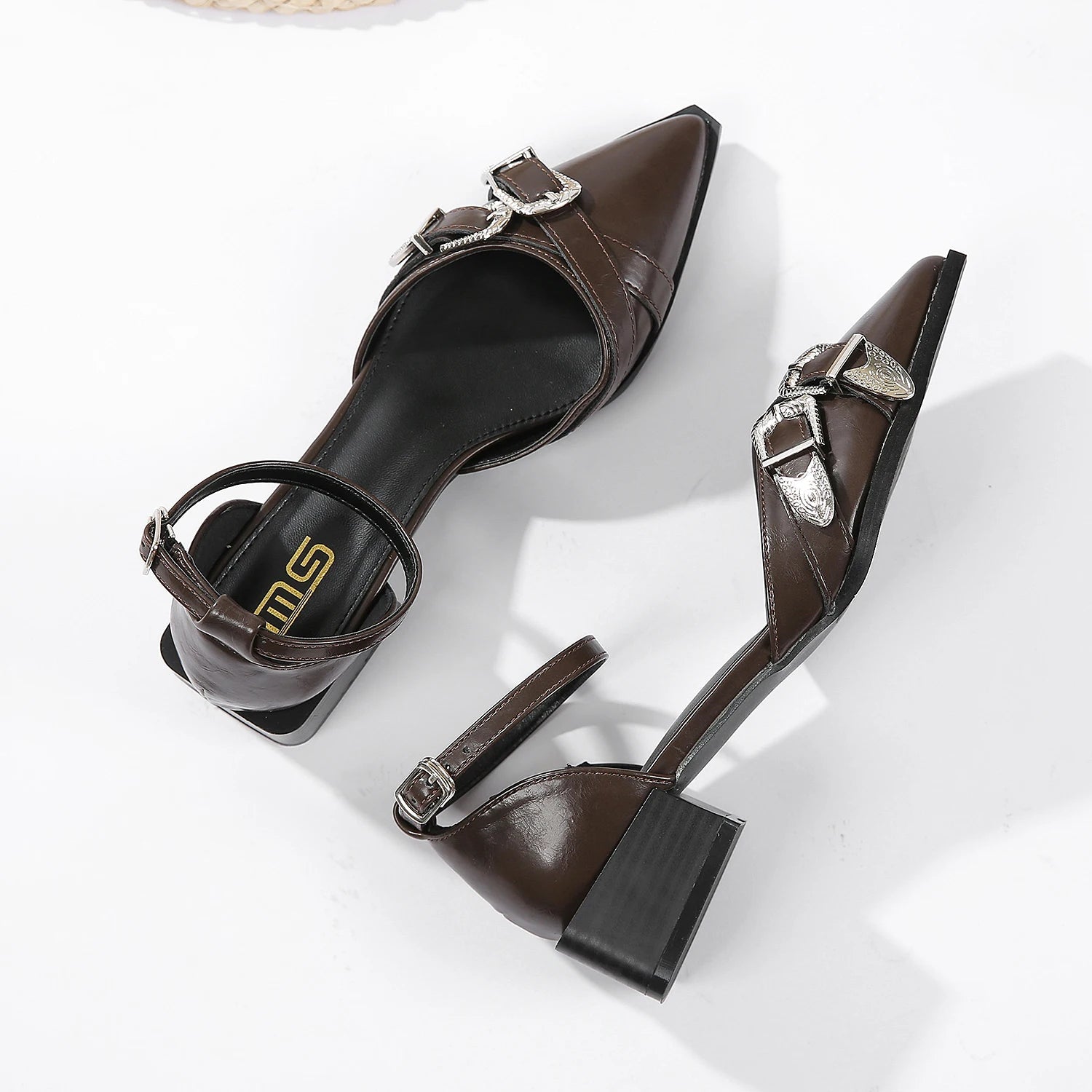 Women's Rhinestone Pointed Shallow Low-Heeled Sandals with Belt Buckle