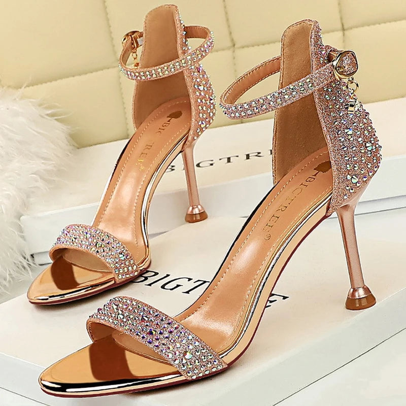 Rhinestone High Heels Kitten Heels Party Shoes Open Toe Women Pumps