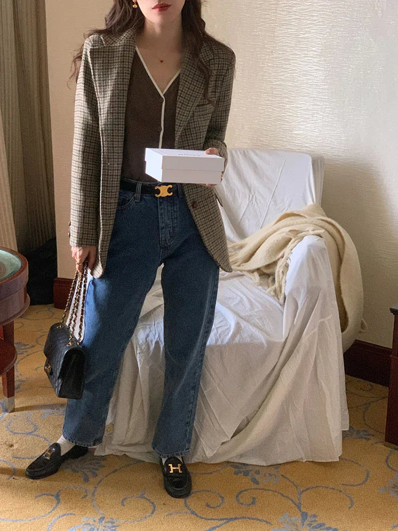 Vintage Wool Blends Coats Women Plaid Woolen Jacket Elegant Commute Blazer Korean Long Sleeve Outerwears Winter Ladies Overcoat