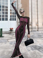 Graphic Contour Print Long Sleeve Crew Neck Bodycon Maxi Dress
