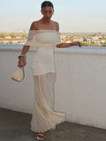 Off Shoulder Mesh Drape Ruched Bodice Sheer Overlay Maxi Gown