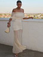 Off Shoulder Mesh Drape Ruched Bodice Sheer Overlay Maxi Gown