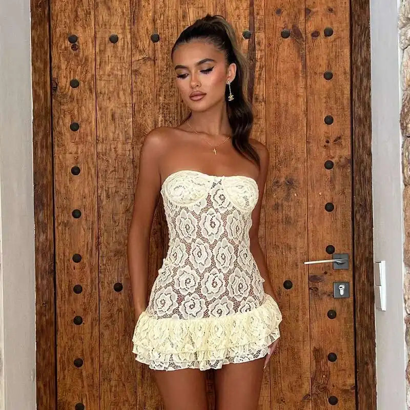 Floral Lace Strapless Sweetheart Neck Tiered Ruffle Hem Bodycon Mini Dress