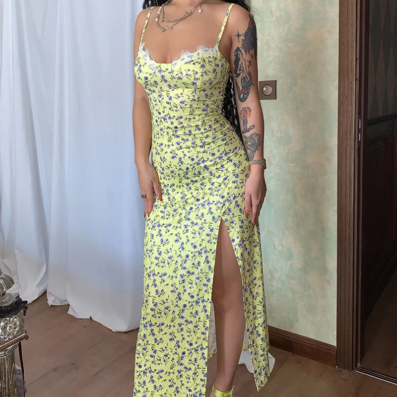 Floral Lace Trim Sweetheart Spaghetti Strap High Slit Slip Midi Dress