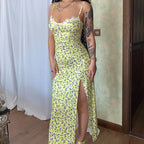 Floral Lace Trim Sweetheart Spaghetti Strap High Slit Slip Midi Dress