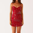 V-Neck Spaghetti Strap Floral Embroidered Beaded Fringe Mesh Mini Dress