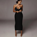 Print Cross Strap Plunging V-Neck Bodycon Midi Dress