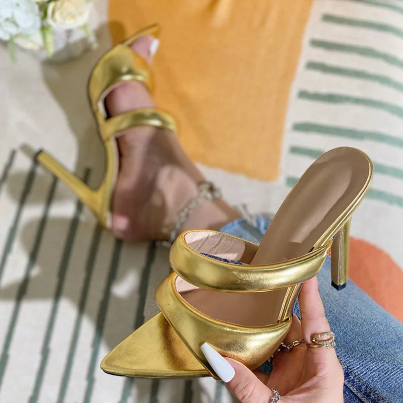 Golded High Heels Narrow Band Women Slippers