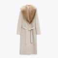 Women Faux Fur Patchwork Collar Woolen Belts Coat Button Up Pocket Casual Thicken Warm Outwear Female Winter Chic Jacket