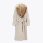 Women Faux Fur Patchwork Collar Woolen Belts Coat Button Up Pocket Casual Thicken Warm Outwear Female Winter Chic Jacket