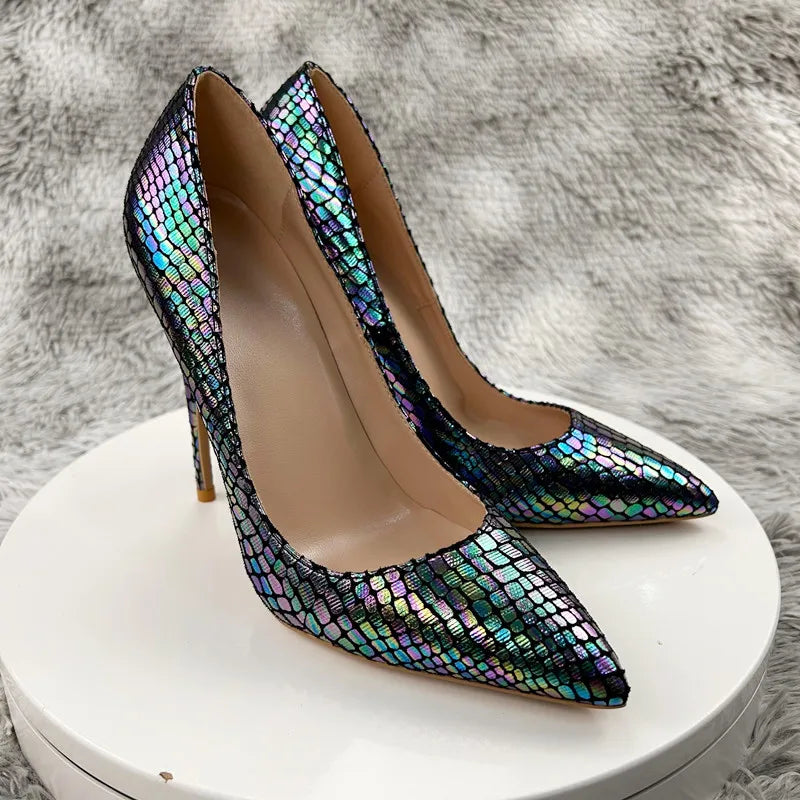 Shiny Laser Crocodile Pointy Toe High Heel Shoes