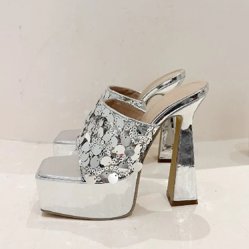 Silver Sequin Cloth Open Toe Platform High Heels Sandals for Women