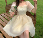 Square Neck Pearl Trim Organza Puff Sleeve Tiered Mini Dress
