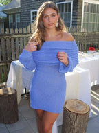 Off Shoulder Textured Knit Bell Sleeve Ruched Collar Bodycon Mini Dress