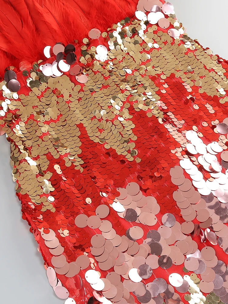 Yvaine Strapless Red Dress with Feathers and Sequins