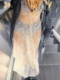Floral Lace Deep V-Neck Sheer Sleeveless Maxi Dress