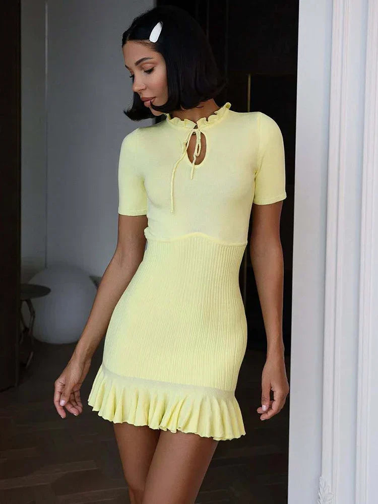 Ribbed Knit Keyhole Pie Crust Collar Ruffle Hem Mini Dress