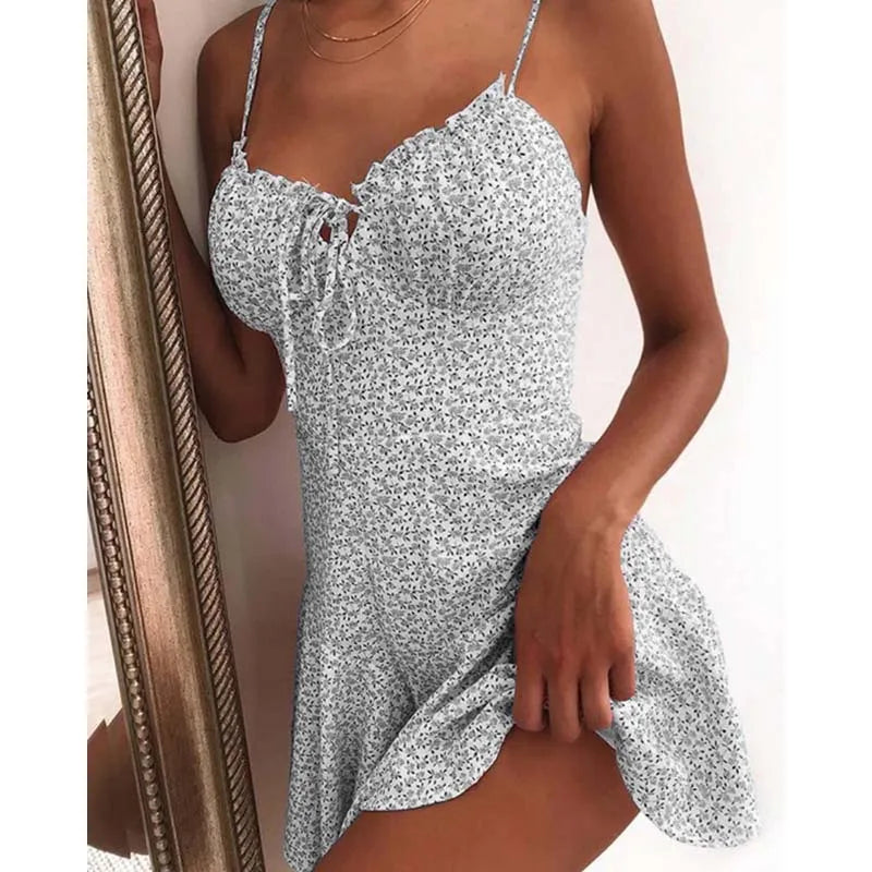 Ditsy Floral Sweetheart Lace Up Tie Front Ruffle Mini Dress