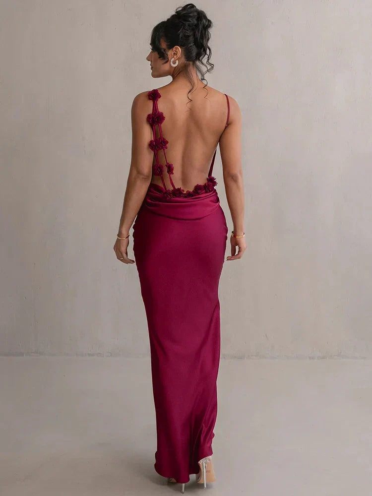 Floral Applique Spaghetti Strap Cowl Back Open Back Maxi Gown