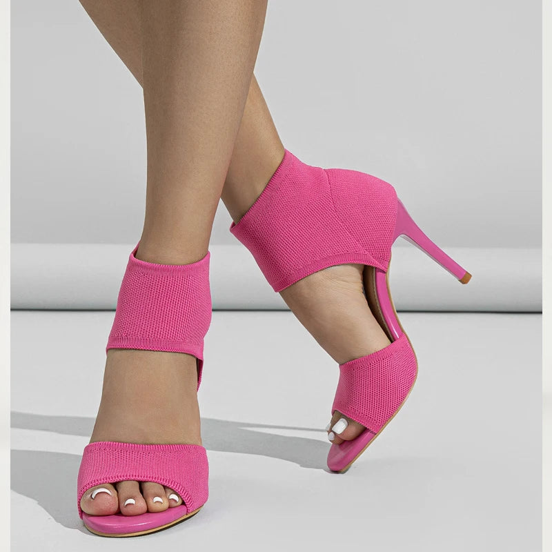 Fashion Ankle Boots Women Comfort Peep Toe Knitted Stretch Stilettos Thin Heels