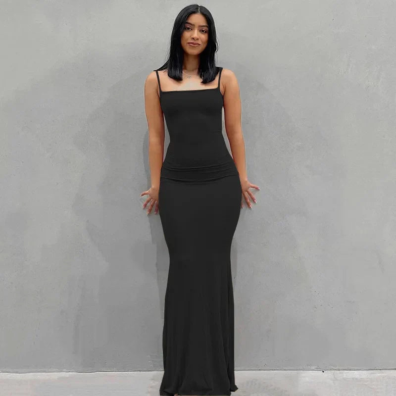 Ribbed Knit Spaghetti Strap Scoop Neck Mermaid Hem Maxi Dress