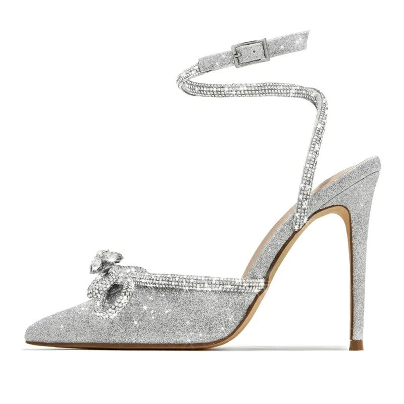 Crystal Buckle Strap Women Pumps with Butterfly-knot Detail and Thin High Heels