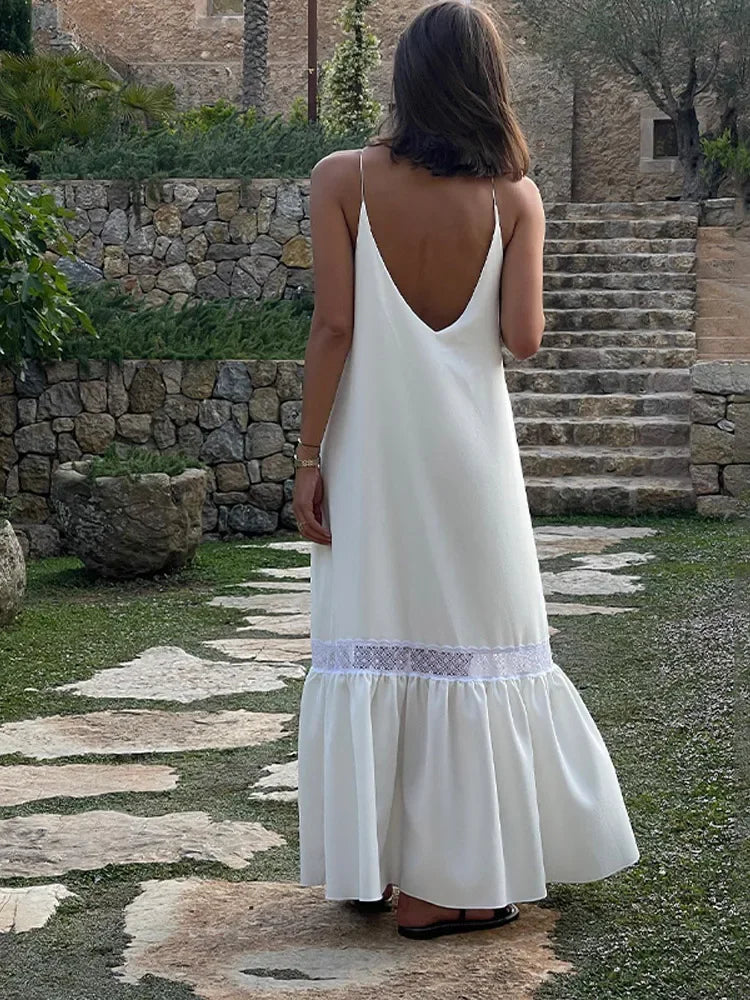 Satin Spaghetti Strap Lace Insert Ruffle Hem Maxi Dress