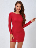 Althea Long Sleeve Mini Dress with Cowl Back Mesh and Rhinestones