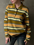 Spring Summer New Women's Retro Striped Polo Collar Oversized Long Sleeve T - Shirt Trendy Casual Loose Basic Top