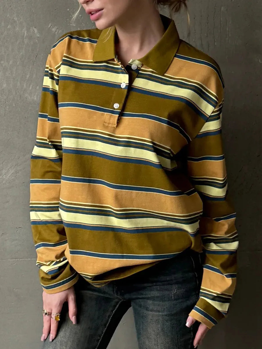 Spring Summer New Women's Retro Striped Polo Collar Oversized Long Sleeve T - Shirt Trendy Casual Loose Basic Top