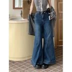 Blue Womens Jeans High Waist Vintage Straight Winter Y2K Classic Denim Pants Streetwear American Wide Leg Baggy Denim Trouser