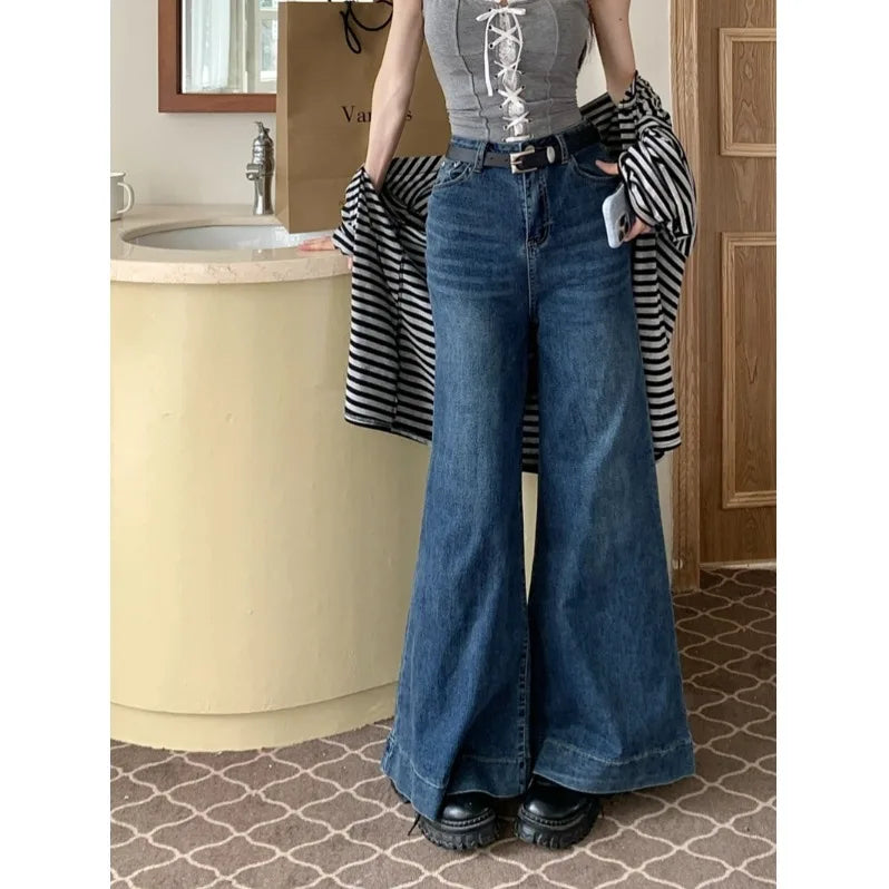 Blue Womens Jeans High Waist Vintage Straight Winter Y2K Classic Denim Pants Streetwear American Wide Leg Baggy Denim Trouser