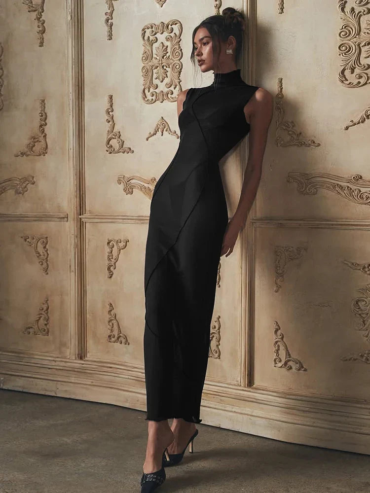 Mesh Stand Collar Sleeveless Sheer Panel Straight Maxi Dress