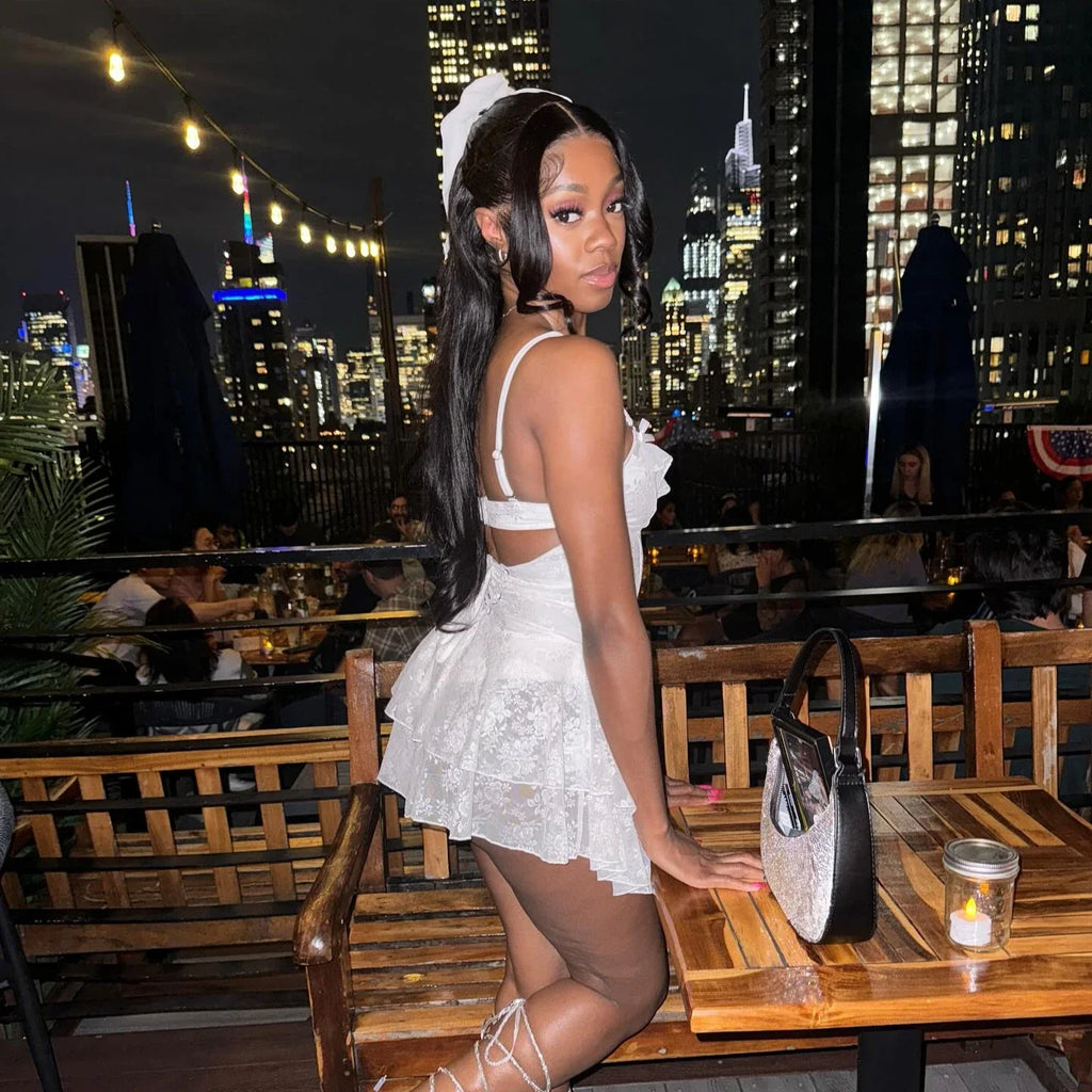 White Hollow A-Line Lace-Up Mini Dress